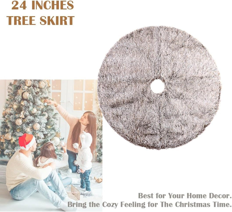 GMOEGEFT Christmas Tree Skirt 24 Inches Brown Plush Faux Fur for Slim Pencil Tree Xmas Holiday Decorations Ornaments