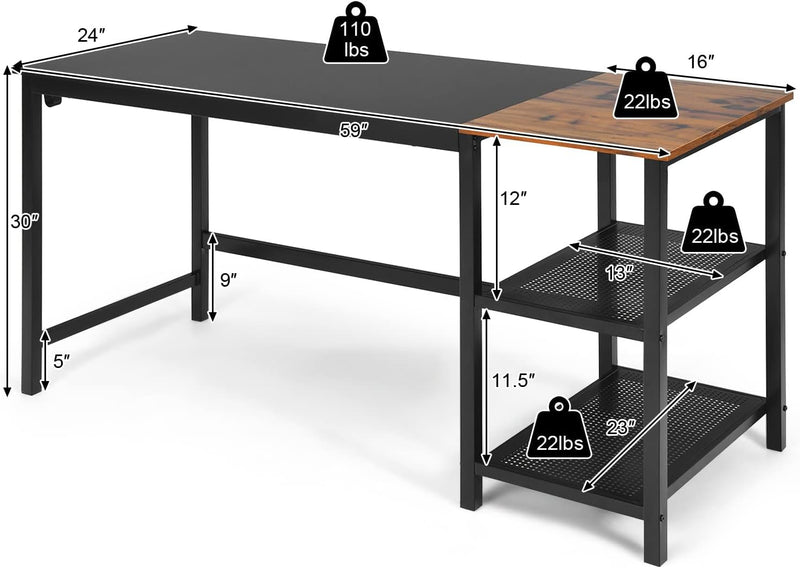 COSTWAY 59” Computer Desk, with 2 Removable Storage Shelves, Industrial Writing Workstation with Headphone Hook, for Home Office, Gaming Desk (Black)