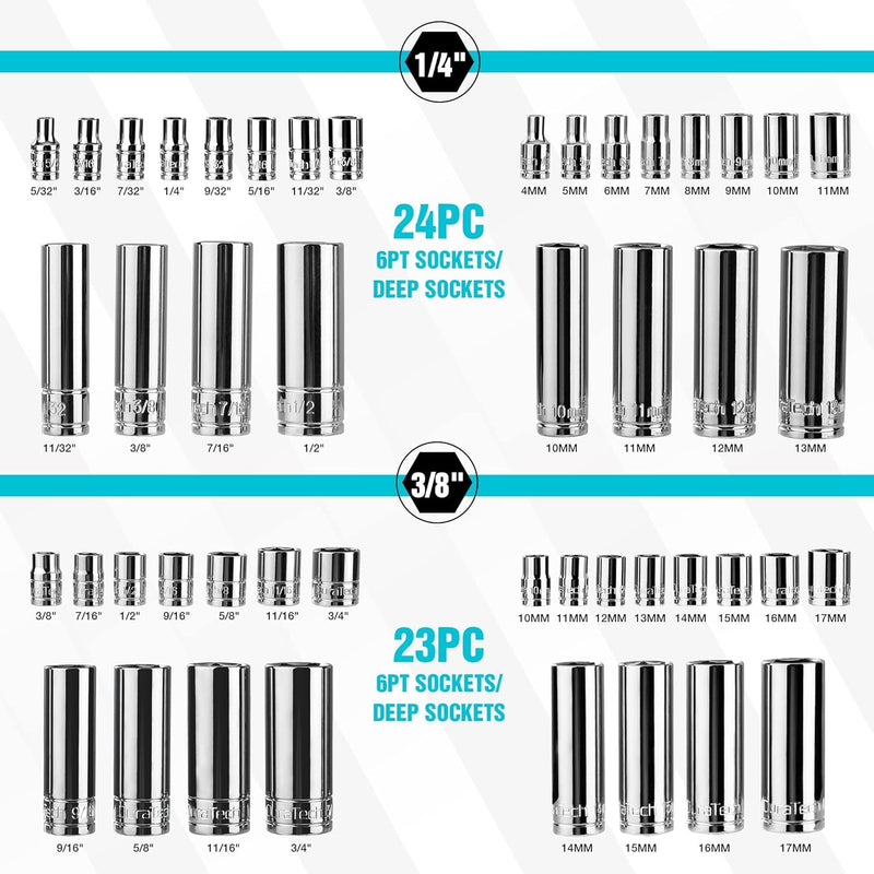 DURATECH 121-Piece Mechanics Tool Kits, Include Sae/Metric Sockets Set, 72-Tooth Drive Ratchet, 40-In-1 Magnetic Screwdriver, and Hex Keys with Carrying Tool Box for Auto Repair