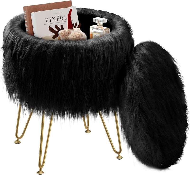 GREENSTELL Vanity Stool Chair with Storage, 13.5" W X 18" H round Faux Fur Ottoman with 4 Metal Legs, Furry Padded Seat, Modern Multifunctional Makeup Stool for Bedroom Living Room Black