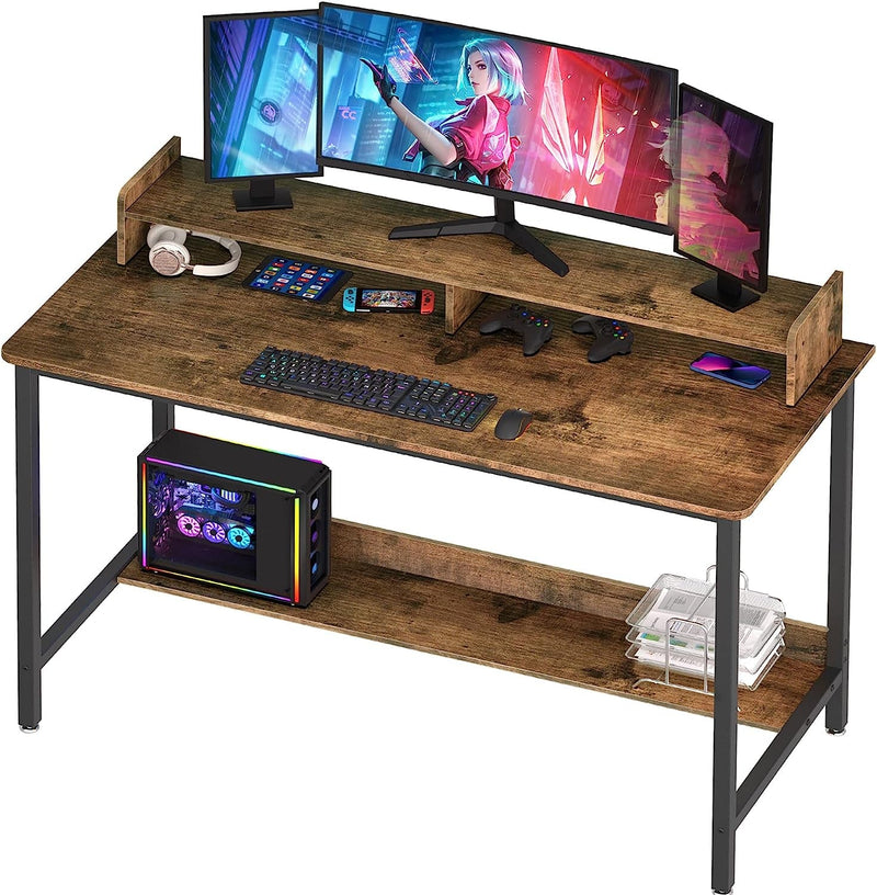 Computer Desk with Shelves, 43 Inch Gaming Writing Desk, Study PC Table Workstation with Storage for Home Office, Living Room, Bedroom, Metal Frame, Rustic.