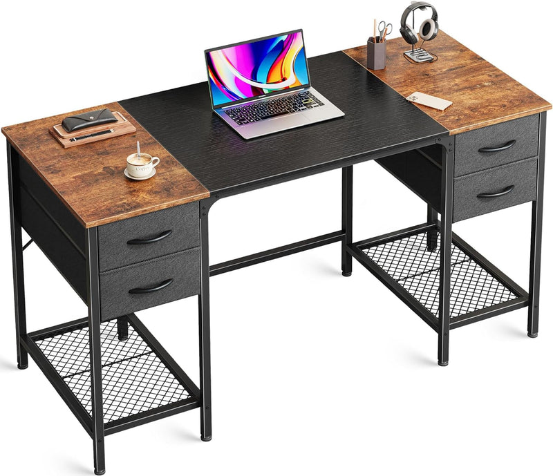 47 Inch Computer Desk with 4 Drawers, Office Desk with Mesh Shelf, Gaming Desk, Large Storage, Writing Desk Work Desk for Home Office, Study, Bedroom, Work from Home, Rustic Brown and Black