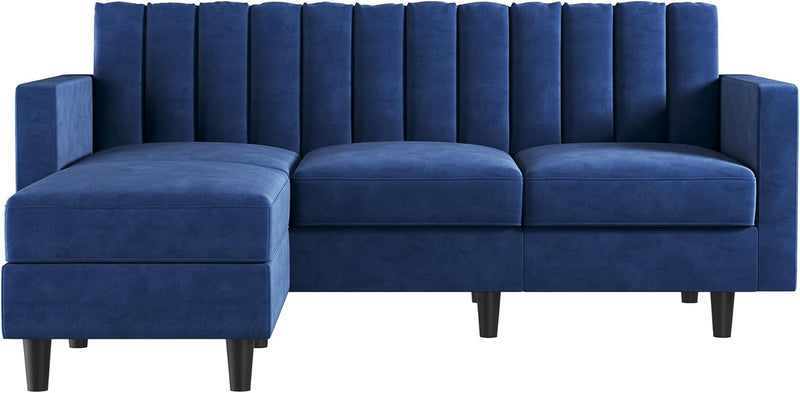 HONBAY Convertibel Sectional Couch for Small Space, L Shaped Couch with Reversibel Chaise, Velvet Sectional Sofa, Pet-Friendly Sectional Couch, Blue