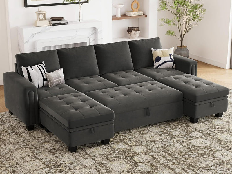 Belffin Modular Sectional Sleeper Sofa with Pull Out Bed U Shaped Sectional Sofa Couch with Storage Ottoman Velvet Covertible 7-Seater Sofa for Living Room Grey
