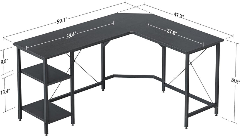 Cubicubi L Shaped Desk, 59.1 Inch Reversible Corner Desk with Storage Shelves, Home Office Desk for Writing Gaming Study, Black