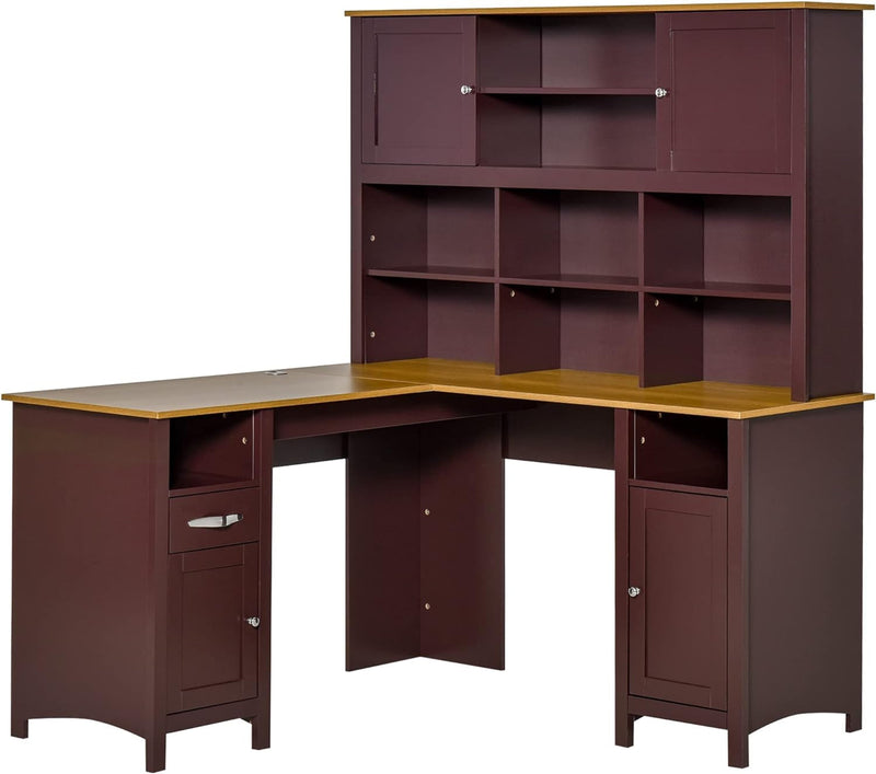 HOMCOM L Shaped Computer Desk with Hutch, 59" Corner Desk, Space Saving Home Office Desk with Storage Shelves, Drawer and Cabinet, Coffee Brown