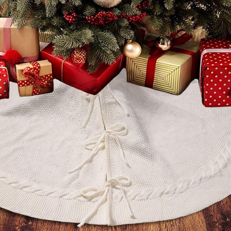 36 Inch Red Knitted Christmas Tree Skirt: Small Thick Cable Knit round Cream Tree Skirt Rustic Neutral Farmhouse Neutral Christmas Decor Tree Base Cover Xmas Home Decorations