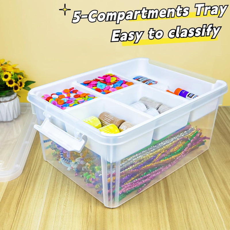 Creahaus 17 Quart Plastic Storage Box with Removable Tray, Durable Craft Organizers and Storage Container, Stackable Art & Craft Box with Lid for Organizing, Bead, Tool, Sewing (Clear)