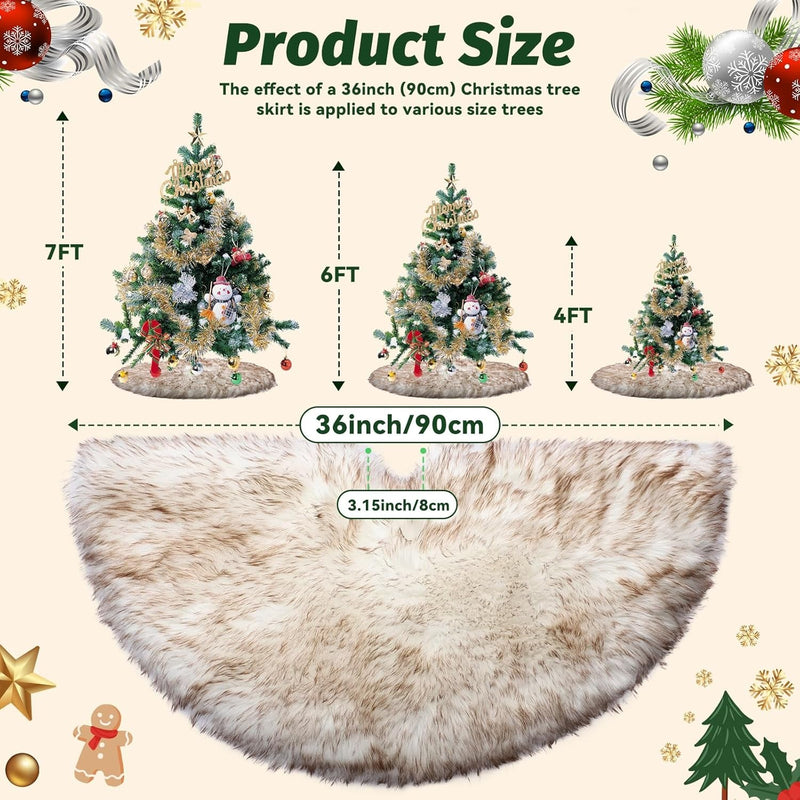 36 Inch Wool Fur Christmas Tree Skirt Thick Plush White and Brown Tree Skirt Christmas Tree Decoration for Xmas Home Party Holiday Decor