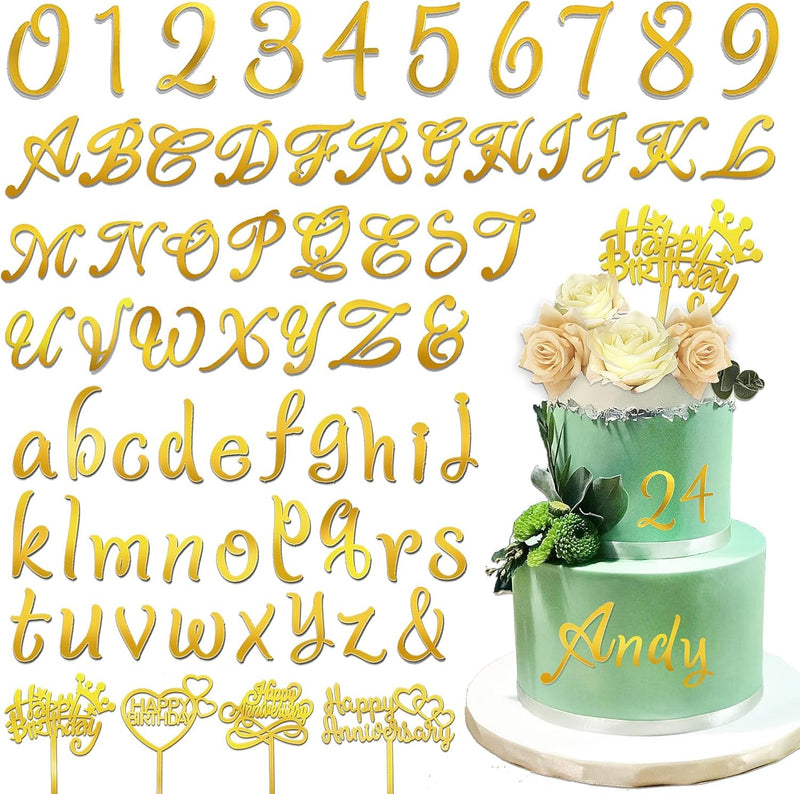 Acrylic Alphabet Number Cake Topper DIY Personalized Name Cupcake Toppers with A-Z Letter 0-9 Number Happy Birthday Sets for Custom Wedding Cake Decorations Baby Shower Party Supplies (Style1 Gold)