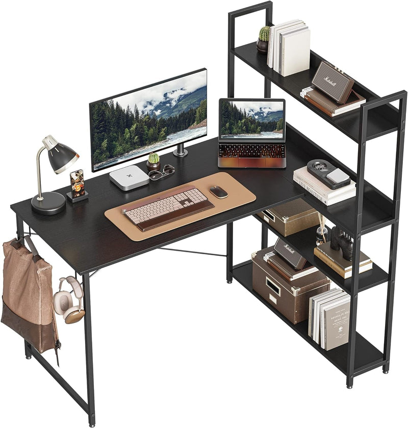 Cubicubi Computer Corner Desk with Storage Shelves, 47 Inch Reversible Small L Shaped Computer Desk, Home Office Writing Desk with 2 Hooks, Black