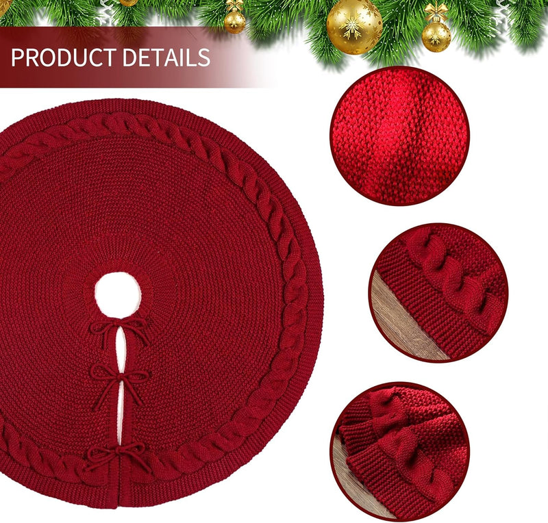 Christmas Tree Skirt, 24 Inches Wine Red Tree Skirts Luxury Cable Knit Knitted Thick Rustic Xmas Holiday Decoration,Home Decor，Dinningroom Christmas Decorations