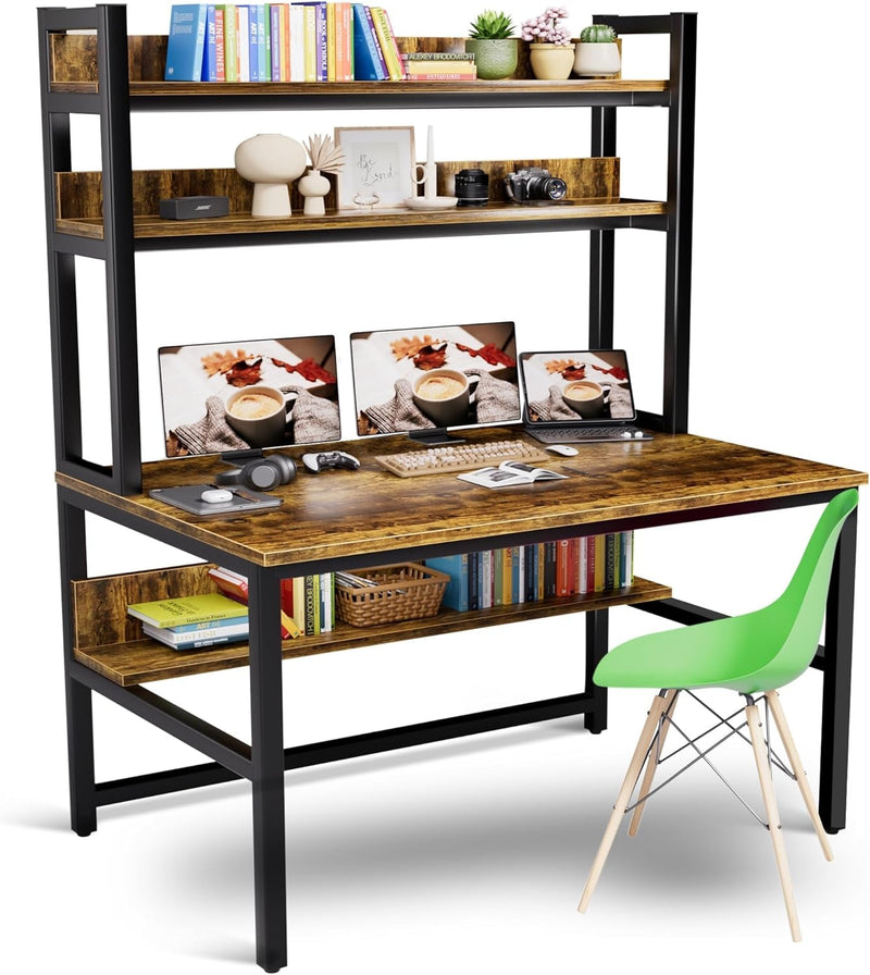 Aquzee Computer Desk with Hutch & Shelves, 47In Wide Desk with Bookshelf, 47“W X 23.6“D X 65“H Tall Home Office Desk, Metal Legs Study Table with Upper Storage Shelf for Study Writing/Workstation