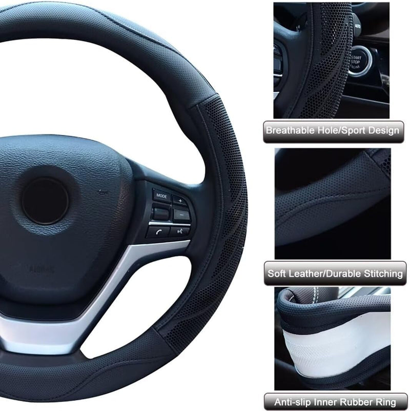 Alusbell Breathable Auto Car Steering Wheel Cover for Men and Women Microfiber Leather 15 Inches Black