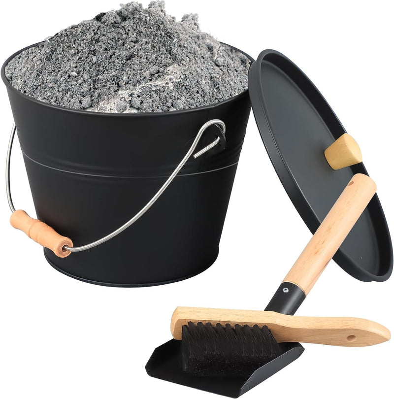 FEED GARDEN 1.5 Gallon Mini Ash Bucket with Lid,Shovel,Broom and Screwdriver,Iron Metal Bucket,Pellet Charcoal Bucket Ash Can for Fireplace Fire Pits,Hearth,Wood Stoves,Indoor Outdoor，Black