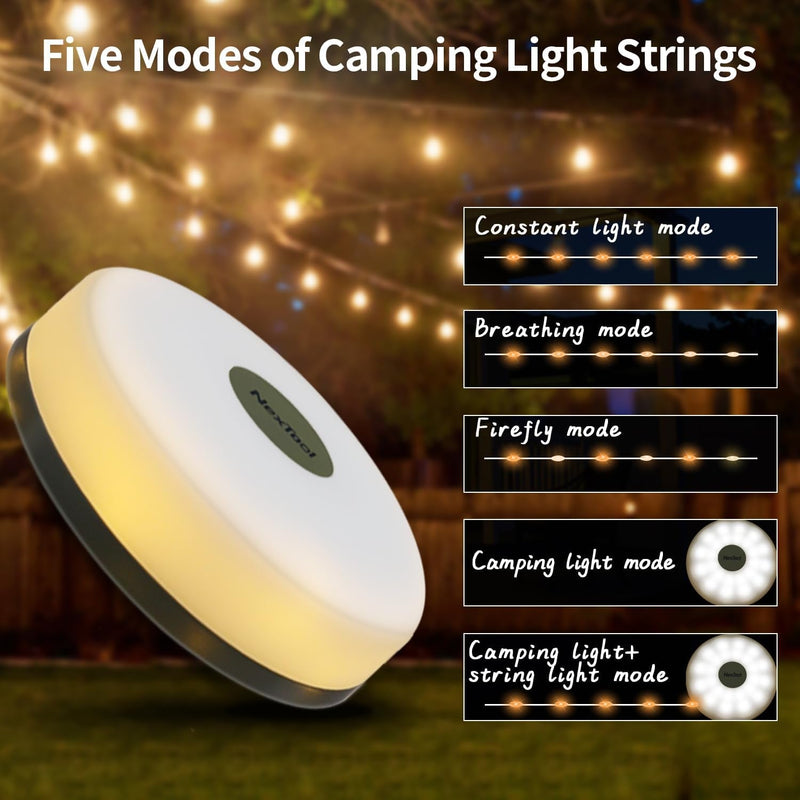 Camping Lights String, Outdoor String Lights with 5 Lighting Modes, Quick 30S Recovery, Durable and Waterproof, USB Charging - Portable Camping Lights for Camping, Yard, and Hiking (32.8Ft)