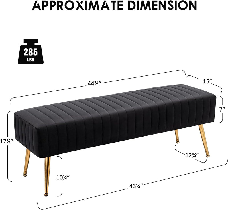 Furniliving 44 Inch Bedroom Bench, Upholstered Tufted Striped Fabric Ottoman Bench with X-Shaped Metal Legs for Living Room, Entryway Solid Wood Indoor Bench for Foyer (Black)