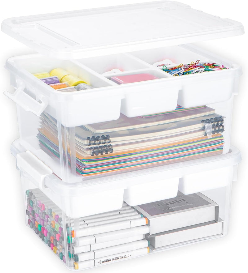 Creahaus 17 Quart Plastic Storage Box with Removable Tray, Durable Craft Organizers and Storage Container, Stackable Art & Craft Box with Lid for Organizing, Bead, Tool, Sewing (Clear)