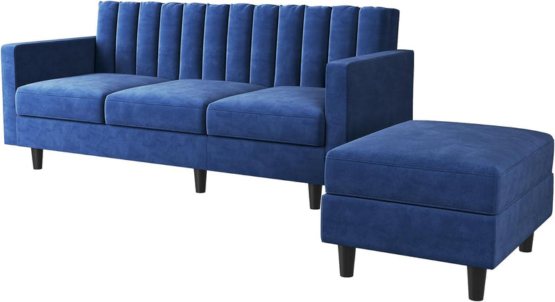 HONBAY Convertibel Sectional Couch for Small Space, L Shaped Couch with Reversibel Chaise, Velvet Sectional Sofa, Pet-Friendly Sectional Couch, Blue