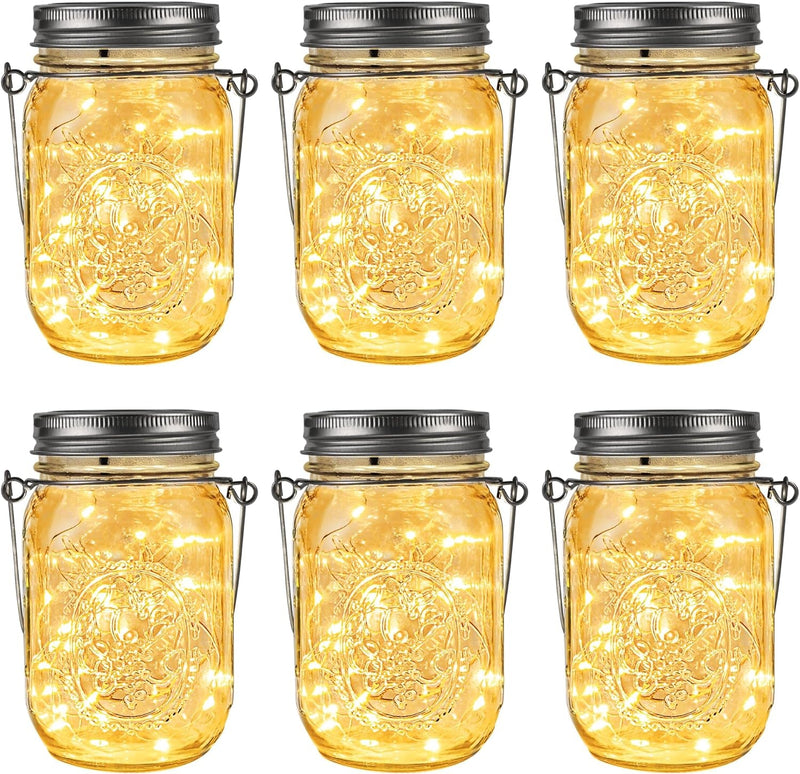 GIGALUMI Hanging Solar Mason Jar Lights, 6 Pack 30 Led String Fairy Lights Hanging Solar Lanterns Outdoor Waterproof, Hangers and Jars Included, Outdoor Decor for Christmas, Wedding, Garden, Patio