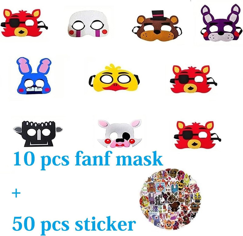 10 Pcs/Set FNAF Mask + 50PCS FNAF Sticker Randomly, Elastic Masks Cosplay Costume Party Favors Supplies, FNAF Masks