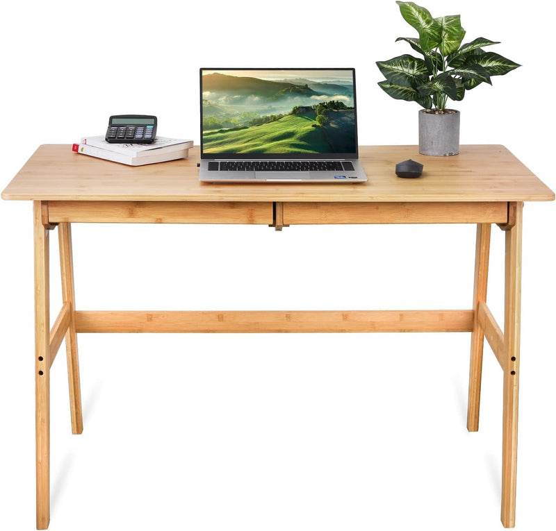 Dicunoy Computer Desk with 2 Drawers, 46" Solid Bamboo Home Office Writing Desk for Small Space, Compact Simple Tables with Gap Design and Hook for PC, Laptop, Students, Study, Makeup, Bedroom