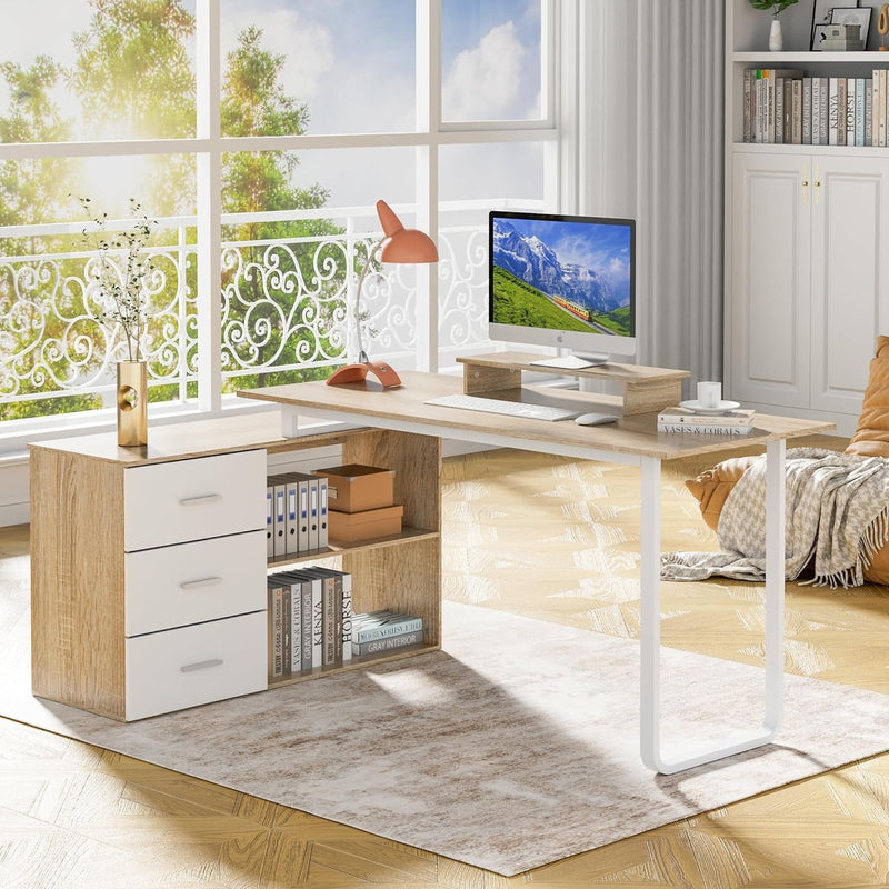 Anbuy L-Shaped Desk with Monitor Stand, Large Corner Computer Office Desk with Reversible 3 Drawers File Cabinet and Shelves, Modern Study Writing Table Workstation with Storage Cabinet