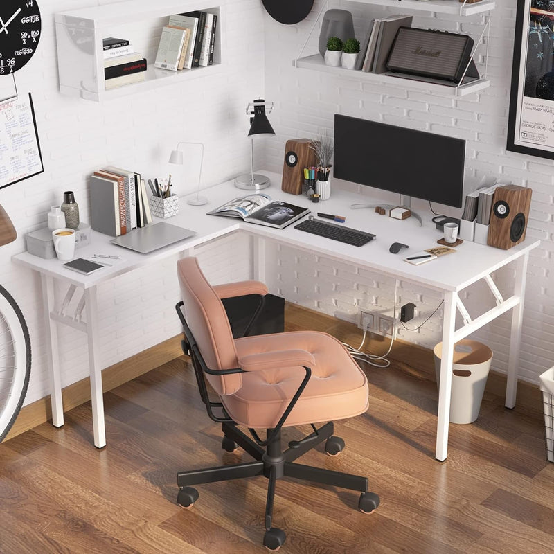 Dlandhome L-Shaped Folding Computer Desk 55Inches and 55Inches Left and Right Adjustable Half-Installed Home Office Workstation Corner Table,White +White