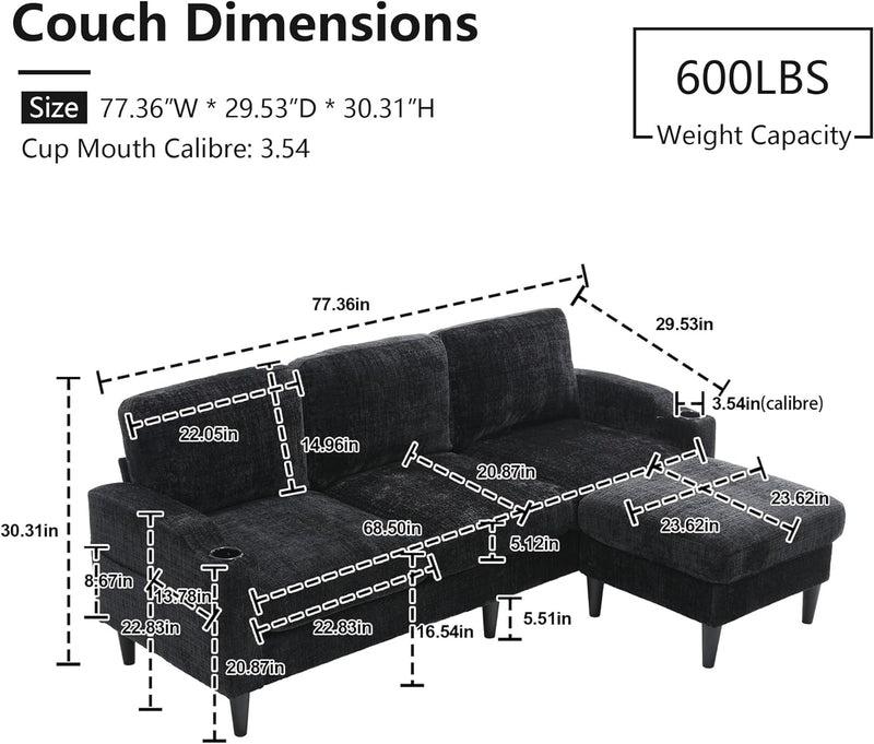 Black L Shaped Sectional Couches, 3 Seat Convertible Sectional Sofa Couch with Storage Ottoman, Cup Holder, Side Pocket, Chenille Modular Sectional Sofa for Apartment, Small Space