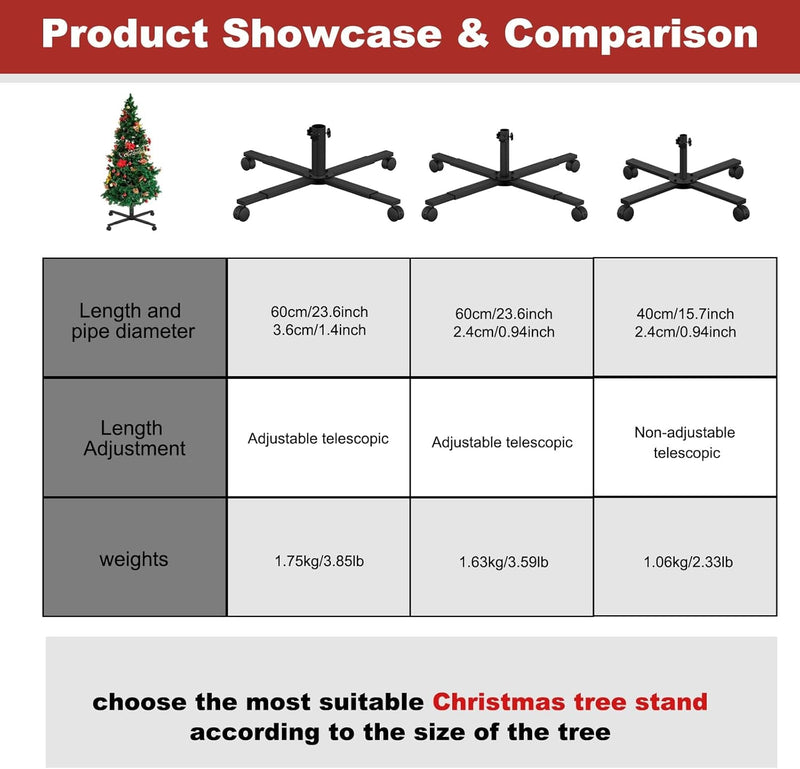 Christmas Tree Stand, Metal Rolling Artificial Christmas Tree Stand for 5'-8'Artificial Trees，Adjustable Legs, Locking Caster Wheels (0.94''/2.4Cm)