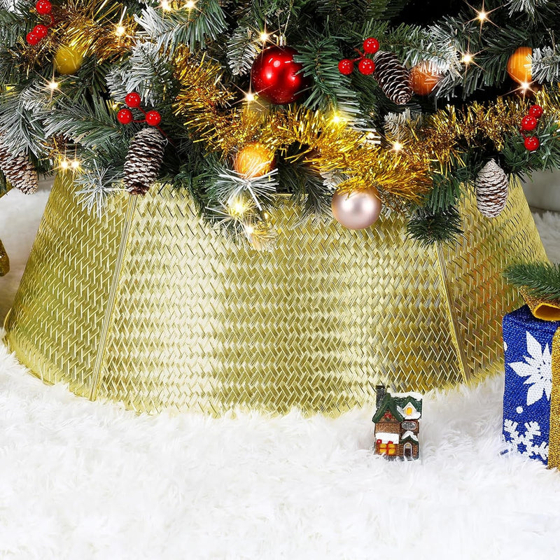 Christmas Tree Collar, 28” Metal Tree Skirt with Woven Pattern, Plating Gold Tree Collar for Real & Artificial Christmas Trees 5-Panel, Xmas Tree Base Cover for Holiday Decor (Shiny Gold)