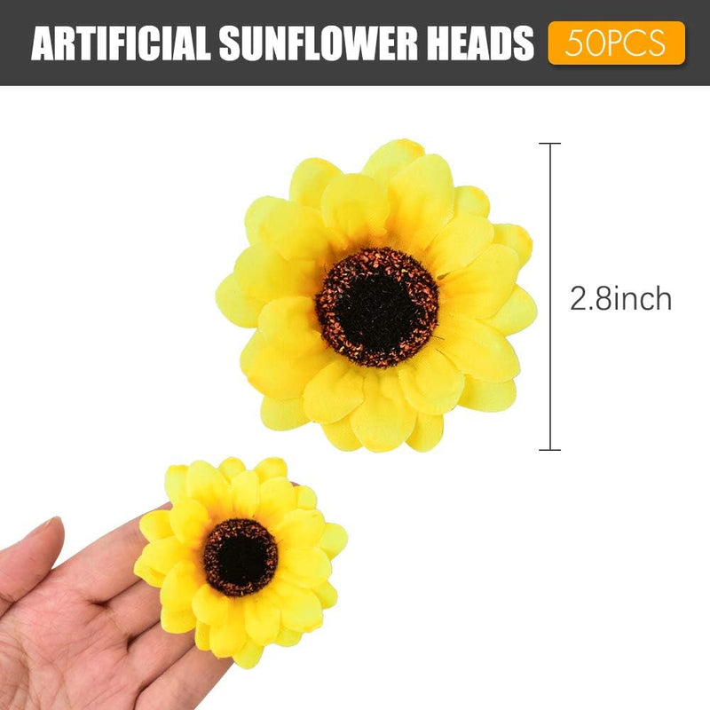 50PCS Artificial Silk Yellow Sunflower Heads, 2.8" Fabric Floral Supplies for Wedding Engagement Home Party Decor Hair Clip Wreath Decorative DIY Craft