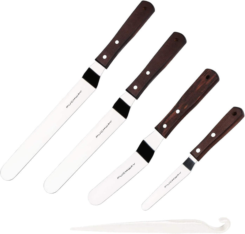 4 PCS Cake Decorating Icing Spatula Set with 4, 6, 8 & 10 Inch Stainless Steel Blade, Wood Handle Frosting Spatulas and Cake Stripping Tool