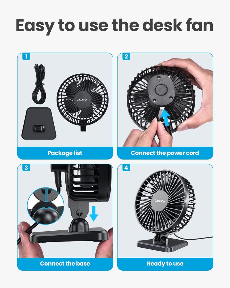 Gaiatop USB Desk Fan, Small but Powerful, Portable Quiet 3 Speeds Wind Desktop Personal Fan, Adjustment Mini Fan Table Fan for Better Cooling, Home Office Car Indoor Outdoor(Black)