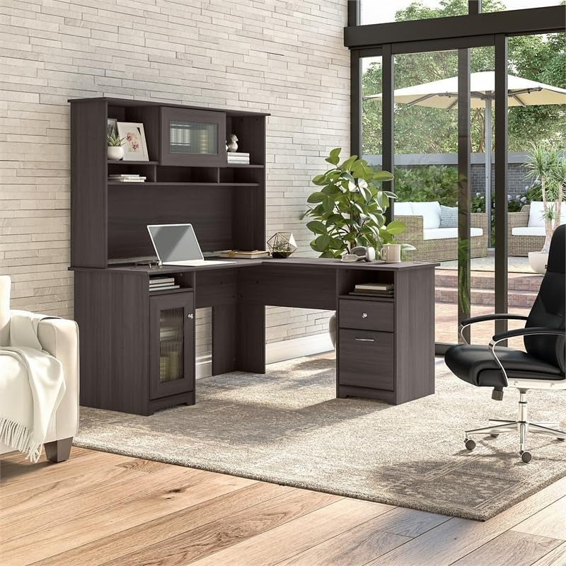BOWERY HILL Home Office L-Shape Computer Desk with Hutch in Gray