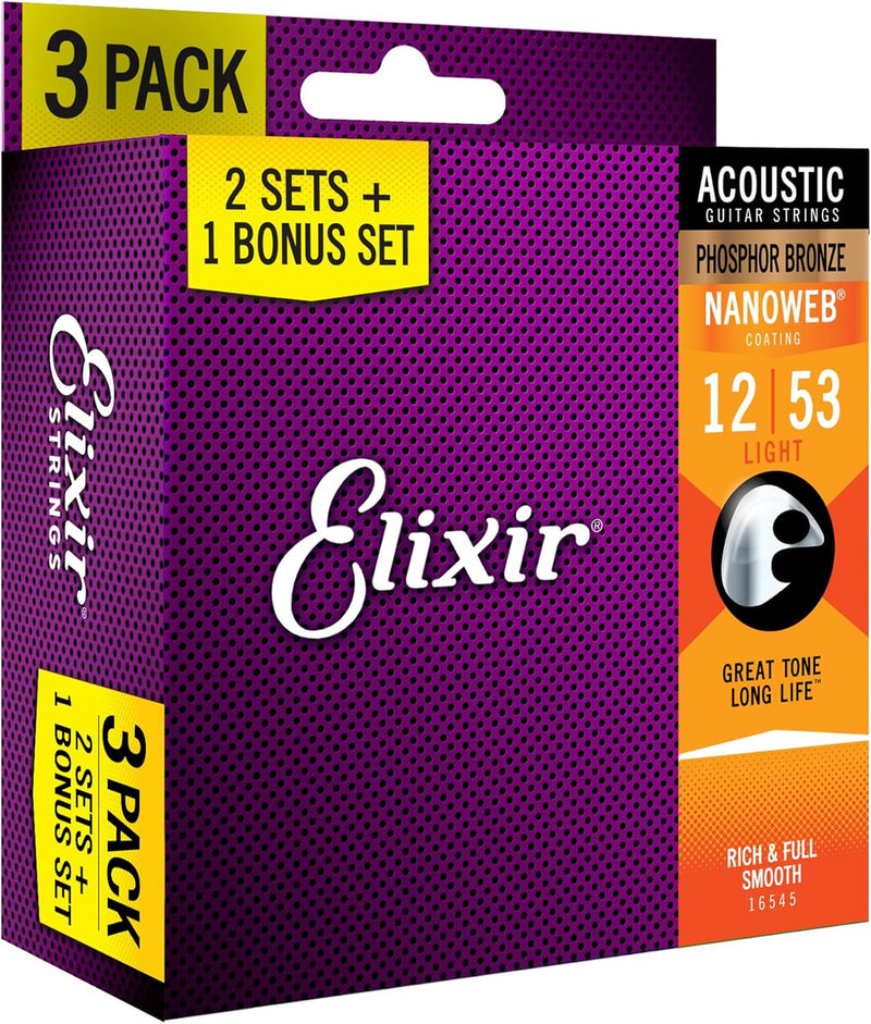 Elixir Strings, Acoustic Guitar Strings, Phosphor Bronze with NANOWEB Coating, Longest-Lasting Rich and Full Tone with Comfortable Feel, 6 String Set, 3 Pack, Light 12-53