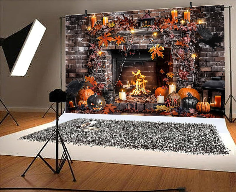 10X8Ft Halloween Fireplace Backdrops Photography Fall Fireplace Stone Brick Floor Skulls Hallowmas Wall Background Halloween Photo Decorations Studio Props