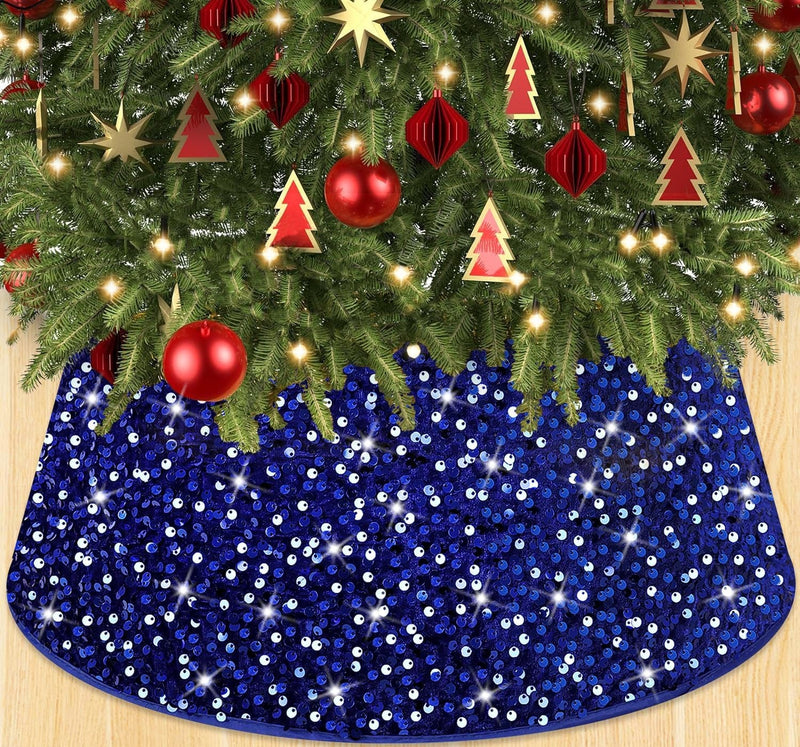 Blue Christmas Tree Collar 23.6 Inch Sequin Velvet Christmas Tree Skirt Christmas Tree Stand Base Cover for Xmas Tree Ring Christmas Tree Base Box Sparkle Tree Collar Skirt for Home Decor