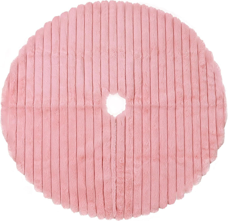 Faux Fur Christmas Tree Skirt: 36 Inch Pink Plush Faux Fur Christmas Tree Skirt with Stripe Textured Pattern, Soft Christmas Tree Decorations for Merry Christmas Home Décor Xmas Party Gifts