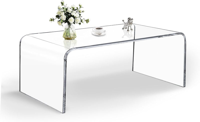 Acrylic Coffee Table, 32" L*16" W*16" H, 3/5" Thick Modern Waterfall Clear Coffee Table for Living Room, Acrylic Furniture Clear Coffee Table Rectangle Lucite Coffee Table