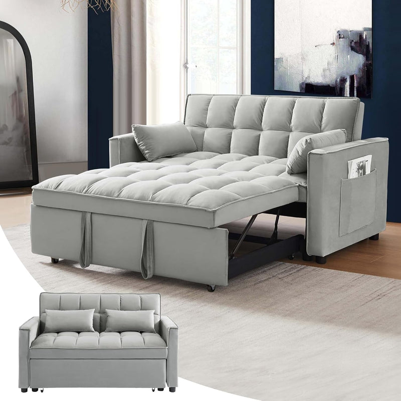 Convertible Sofa Couch 3-In-1 Multi-Functional Velvet Pull-Out Bed, 55'' Loveseat Chaise Lounge with Adjustable Backrest and Pillows, Grey