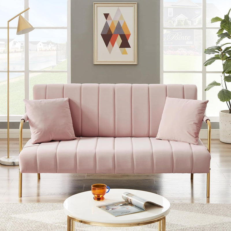 Australian Cashmere Fabric Sofa Comfort Upholstered with 2 Pillows and 4 Metal Legs, 60.63 Loveseat Couch for Living Room, Bedroom (Pink)