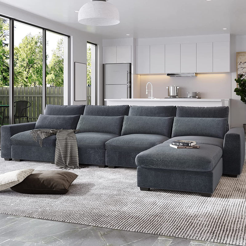 104.3" L-Shaped down Filled Upholstery Convertible Modular Sectional Sofa, Upholstered 3 Seater Corner Couch with Reversible Chaise for Living Room, Dark Gray