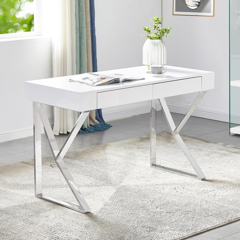 Best Master Furniture Benson High Gloss Modern Lacquer Home Office Desk, Silver