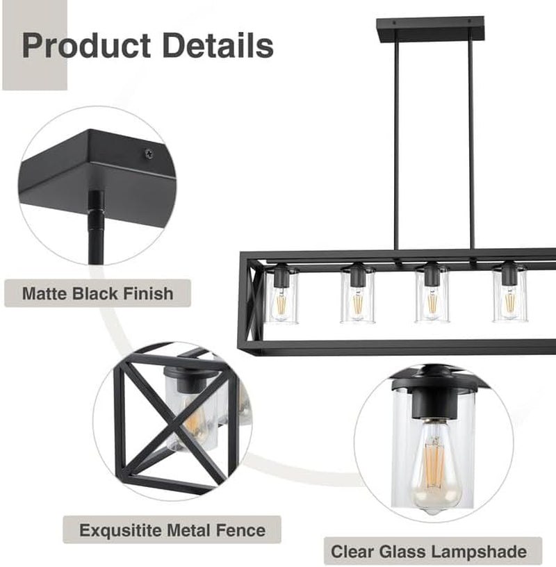 Espird Farmhouse Chandelier Rectangle Black, 5 Light Kitchen Island Cage Linear Pendant Lights Industrial Ceiling Light with Glass Shade & Adjustable Rods, Dining Room Lighting Fixtures over Table