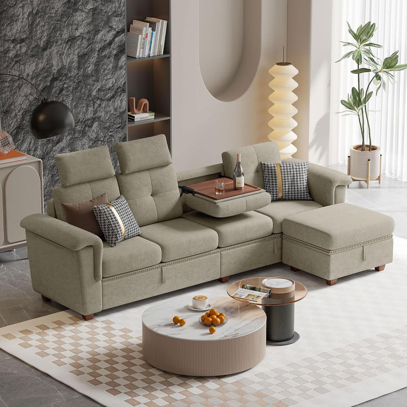 Convertible Sectional Sofa, Modern Microfibe High Back L Shaped Couch with Storage Chaise and Cup Holder 4 Seat Sofa Couches with Extra Headrests for Living Room, Apartment, Beige