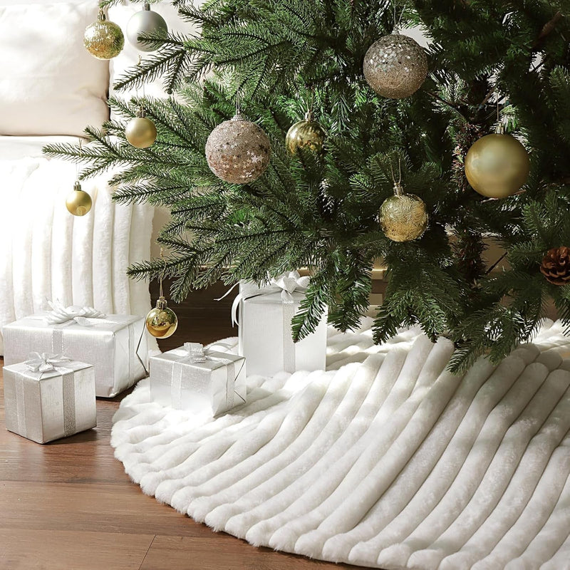 Faux Fur Christmas Tree Skirt: 48 Inch White Plush Fluffy Christmas Tree Skirt with Stripe Textured Pattern, Soft Beige Boho Christmas Tree Decorations for Merry Christmas Home Décor Xmas Party Gifts