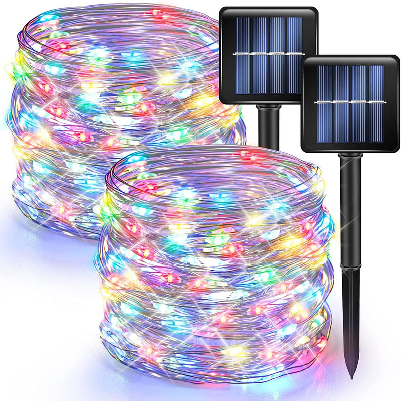 Dazzle Bright 2 Pack Solar String Lights Outdoor, Total 80FT 240LED Solar Powered Waterproof Fairy Lights 8 Modes, Silver Wire Lights (Warm White)