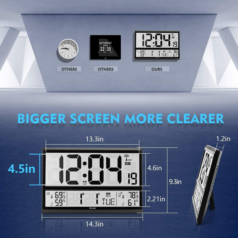 Atomic Clock Doveet-Digital Wall Clock Never Needs Setting/ Easy to Read/Easy Set Up/Indoor Outdoor Temperature-Wireless Outdoor Sensor Battery Powered(4.5" Numbers)