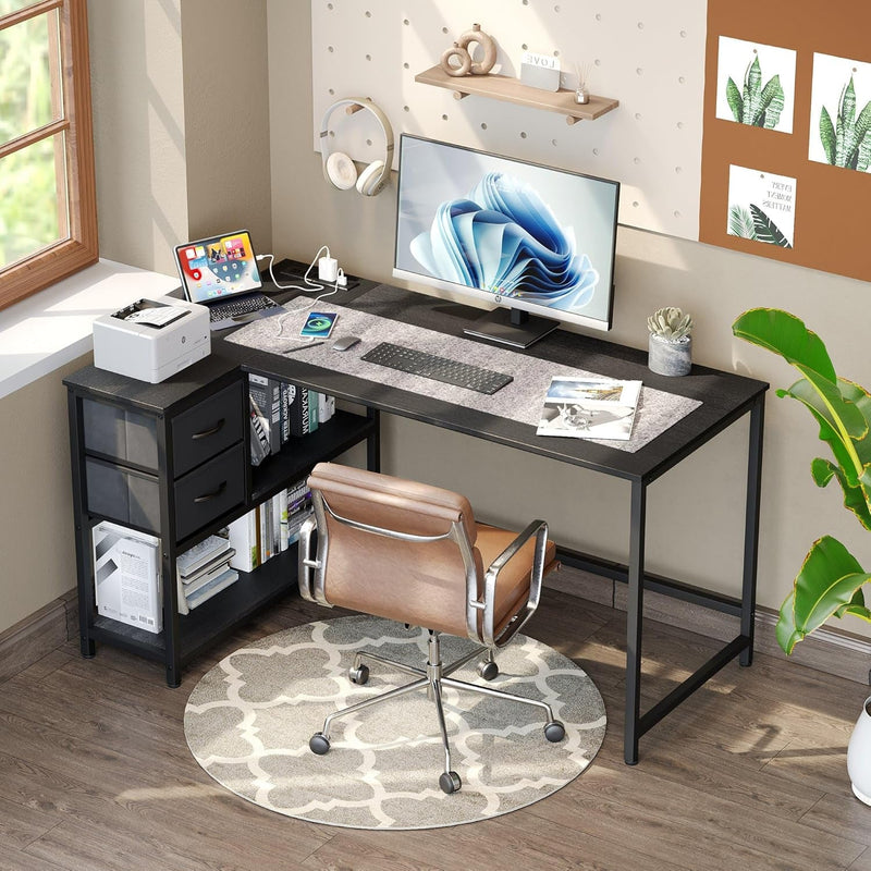 55 Inch Reversible L Shaped Desk with Power Outlets, Computer Desk with Shelf Gaming Desk with Drawer, Home Office Desk Corner Desk (Black)